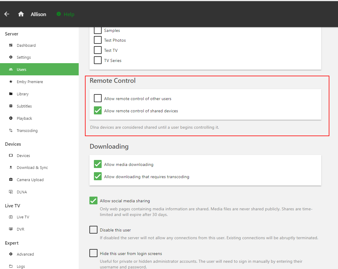 Emby WAN Access Users show the other device at the cast moment