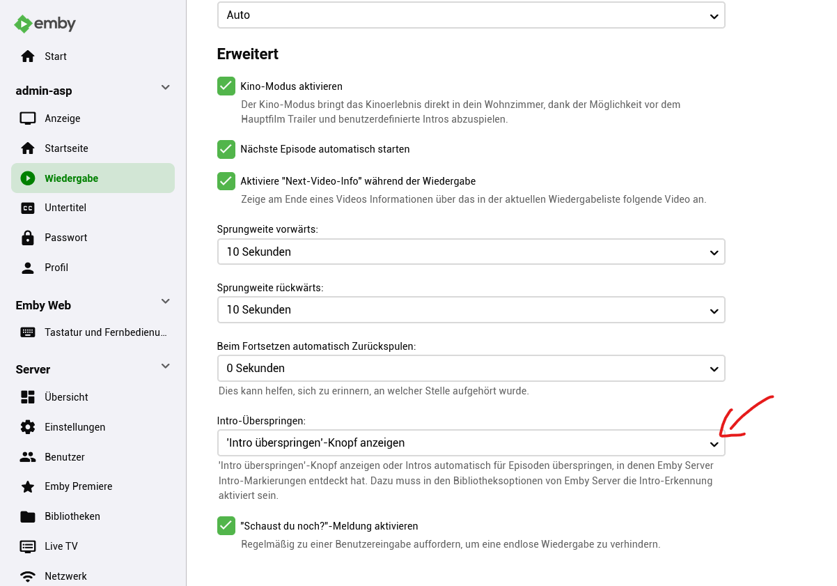 Skip intro - wird bei Clients nicht angezeigt - German - Emby Community