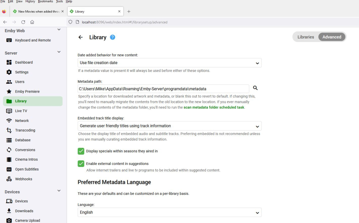 Advanced Library Setup Screen.JPG