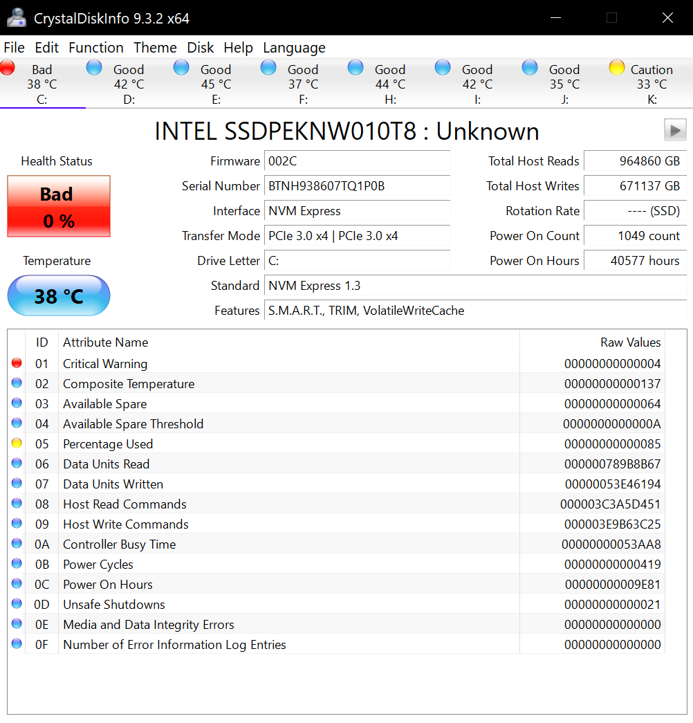 CrystalDiskInfo Boot Drive Reports Critical Warning - Hardware 