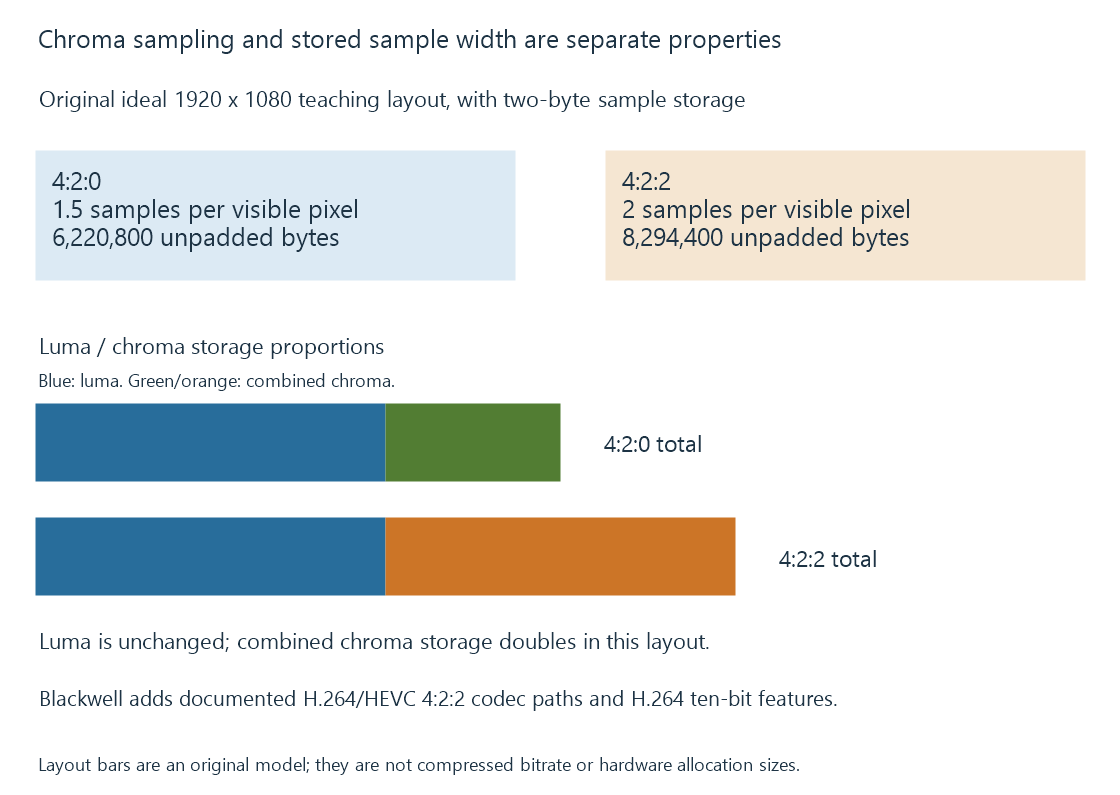 An original format diagram separates chroma geometry, sample precision and the corresponding decode/encode configuration questions.