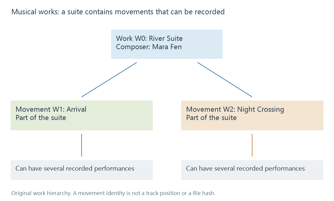 A fictional suite contains two movement works, each of which can be realized by several recordings.