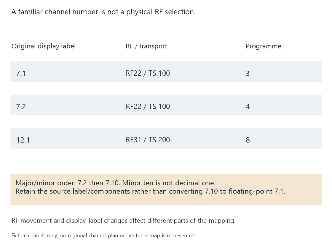 The original mapping separates visible channel labels from carrier/transport and programme selection.