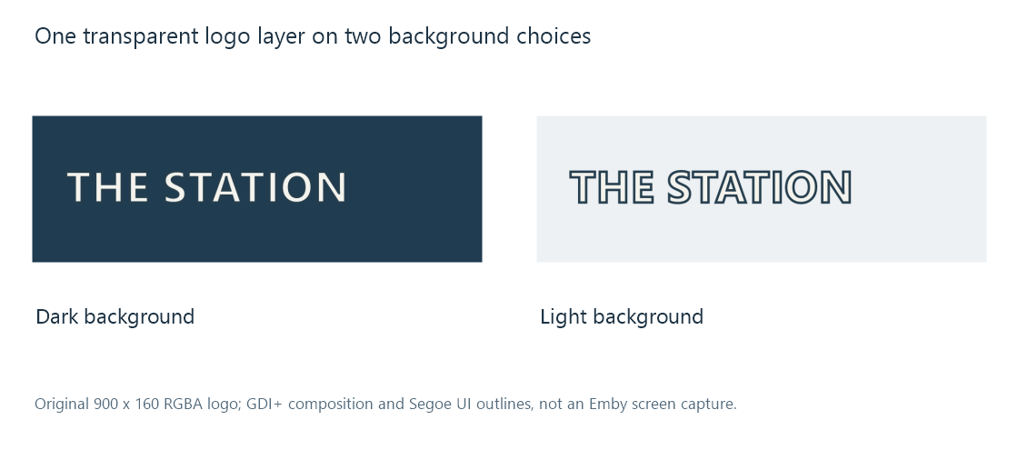 The same original logo layer is composed over dark and light backgrounds.