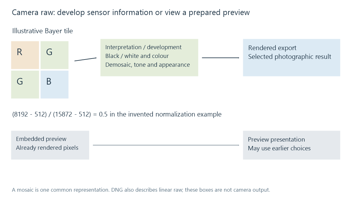 A schematic mosaic and interpretation data feed raw development, while an embedded preview offers a separate ready-made image.