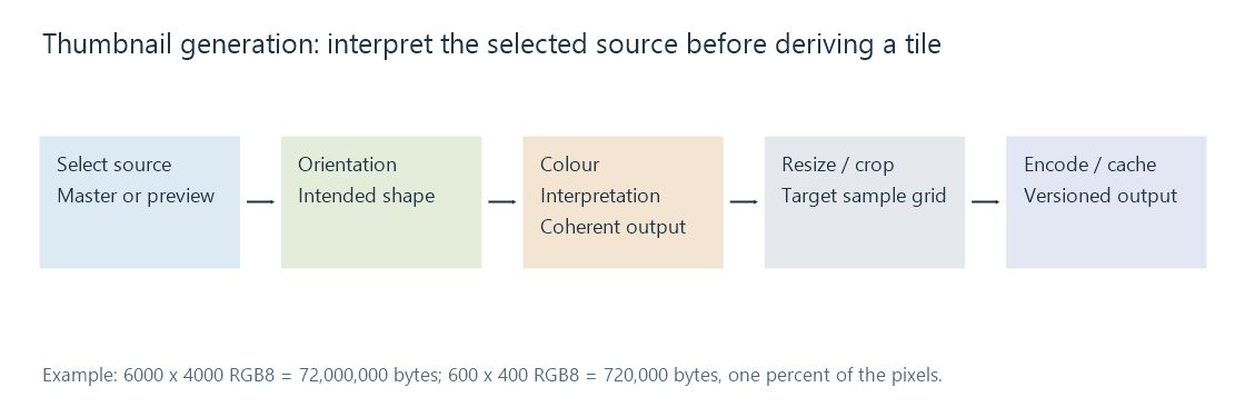 Source selection, orientation, colour interpretation and resize/crop decisions precede encoding and caching a thumbnail.