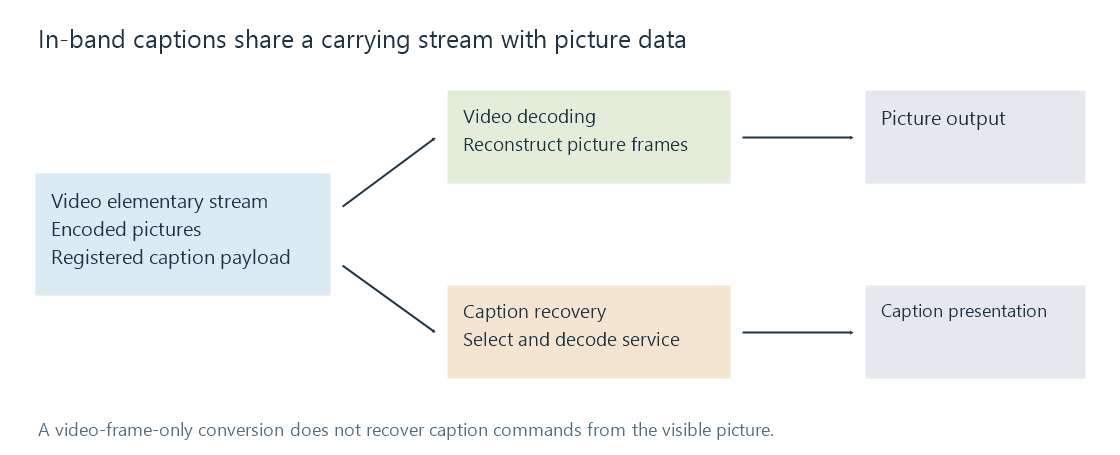 A video stream can contain encoded pictures and caption data; recovering caption data is separate from drawing the picture.