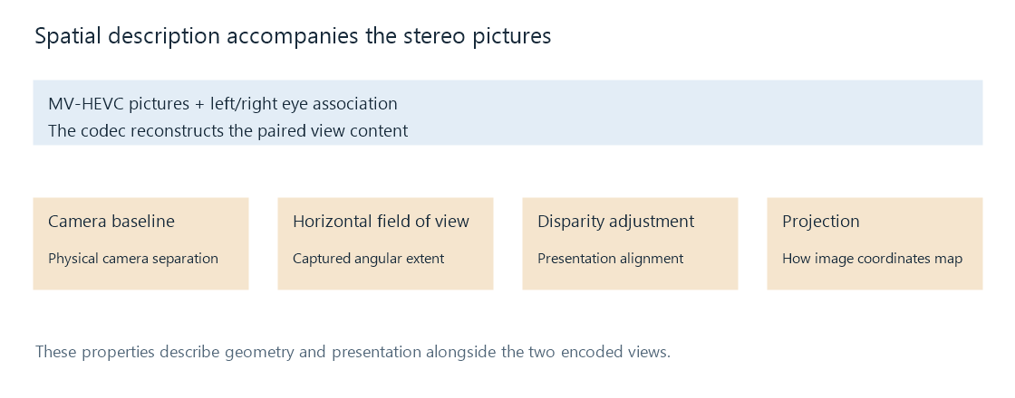 Camera baseline, field of view, disparity adjustment, and projection alongside the stereo view content.