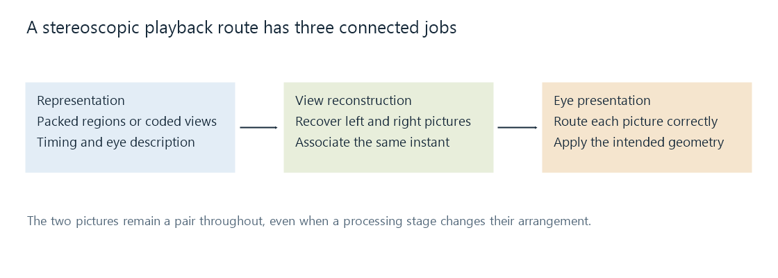 Representation, reconstruction, and eye presentation as connected stages of one stereoscopic route.