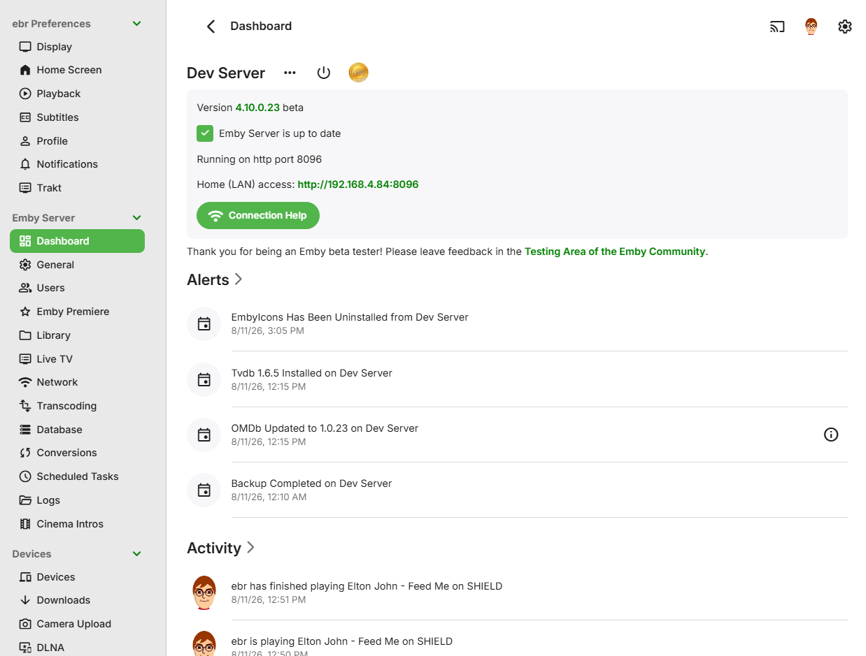 Current Emby Server dashboard