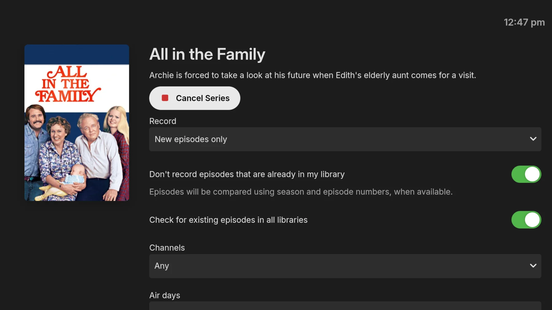 Emby DVR series recording settings