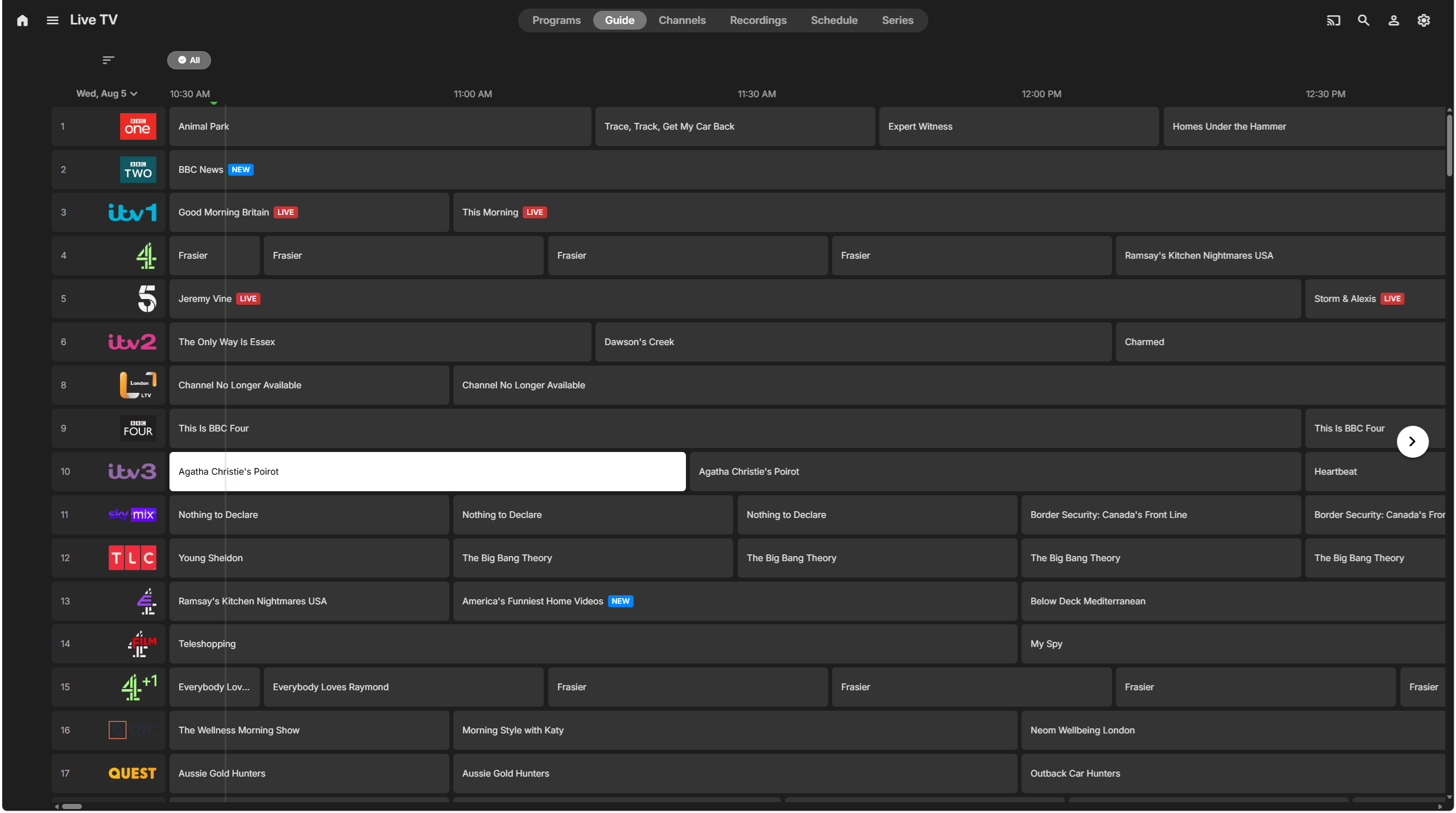 Live TV guide in the Emby Web App